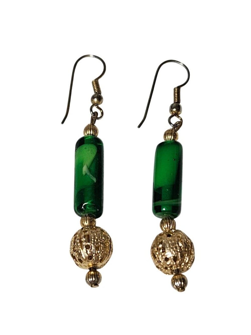 Vintage Filigree Beaded Earrings Green Glass Gold Tone Retro Fashion Jewelry